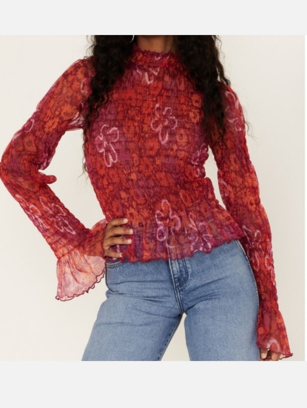 Free People Hello There Smocked Mesh Top